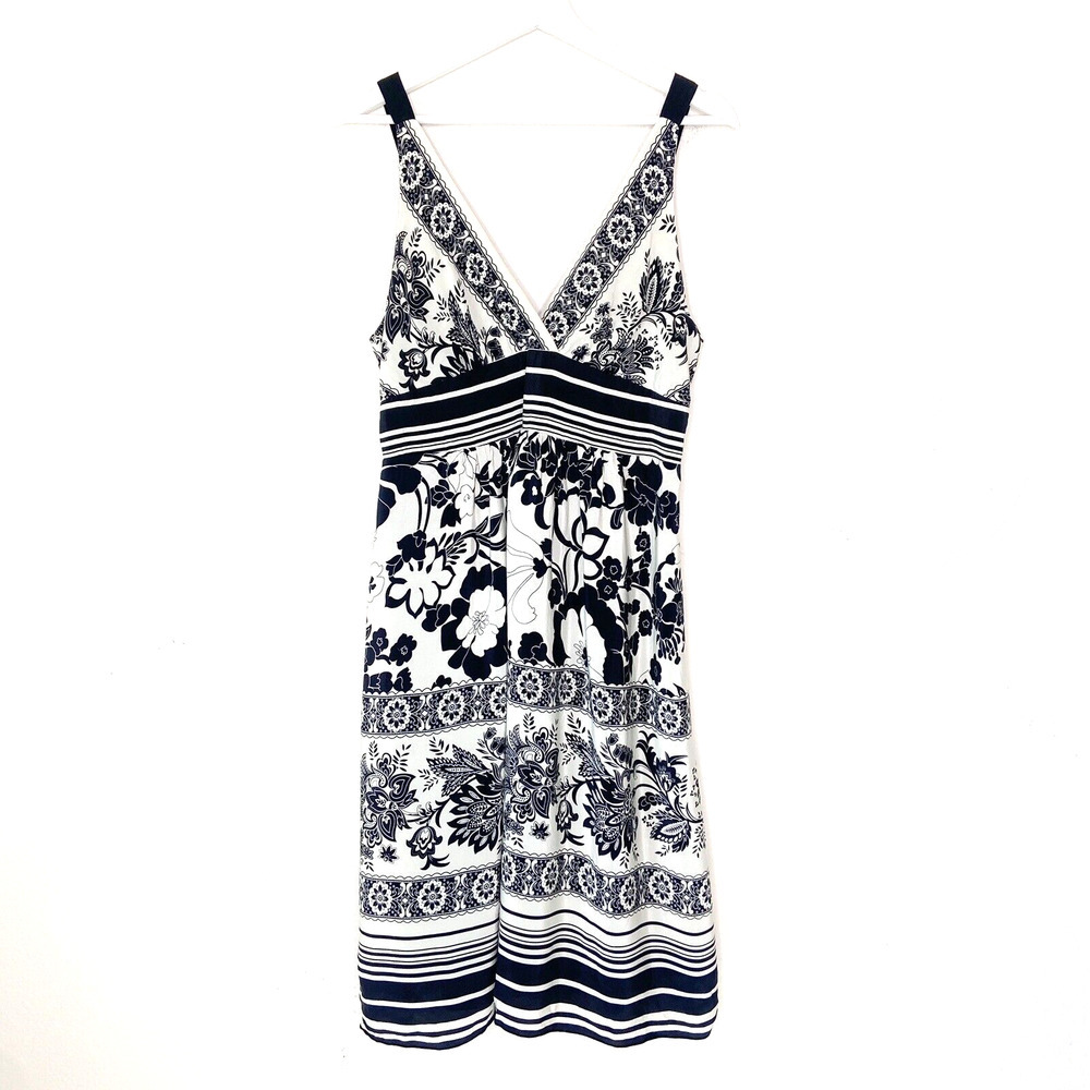 Tristan Silk Black and White Floral and Striped Smocked Back Dress L